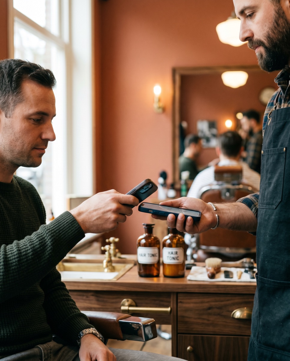 Klant rekent af met Apple Pay op de telefoon van de barber